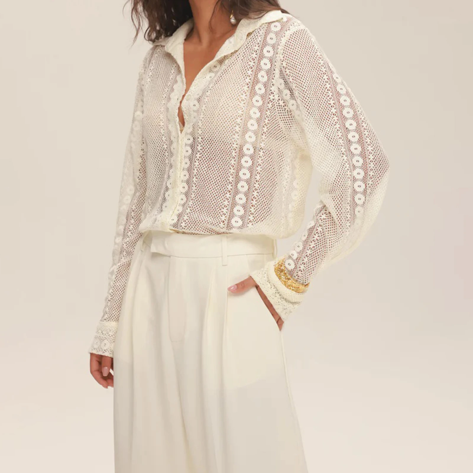 بلوزة نسائية شفافة من الدانتيل شفافة شفافة، قمصان فضفاضة كاجوال بأكمام طويلة وياقة بأزرار لربيع الخريف