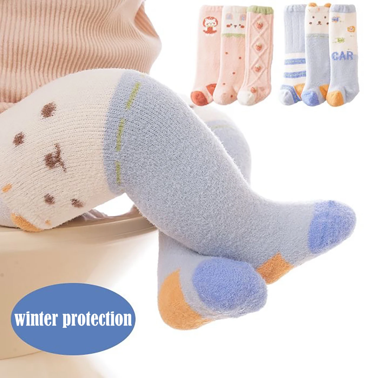

3Pair Cute Baby Plush Socks Thick Warm Kids Long Stockings Winter Newborn Thermal Footwear Cartoon Infant Knee-high Sock 0-3Year