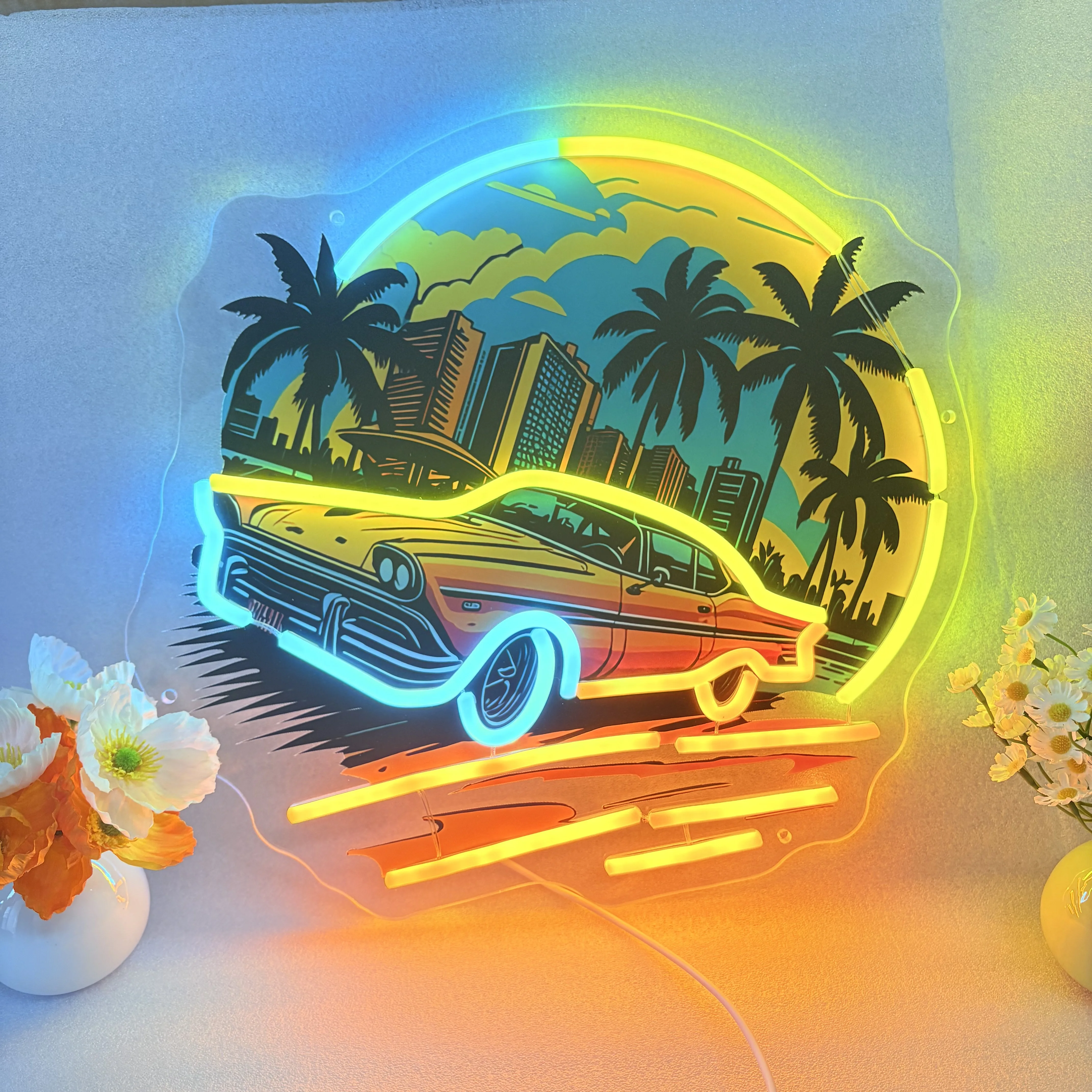 Car Sunset Neon Sign Wall Art Decor UV Print LED Lights Boys Bedroom Landscape Night Lamp Game Room Bar Beer Man Cave Sign