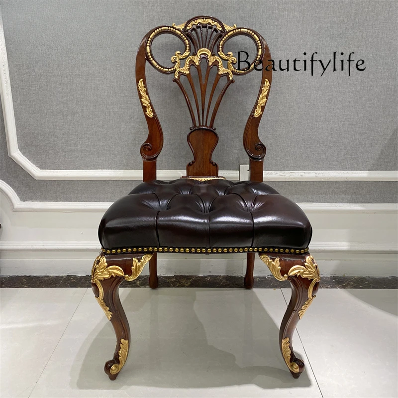 Imported peach blossom core solid wood dining chair European classical cowhide dining stool gold foil old carved court chair