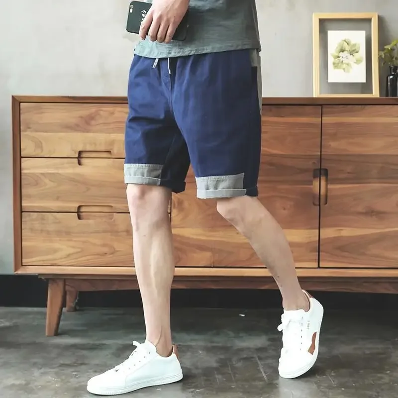 Mens Cargo Shorts Black Bermuda Short Pants for Men Spliced with Pockets Draw String Big and Tall Streetwear Baggy Elastic Waist