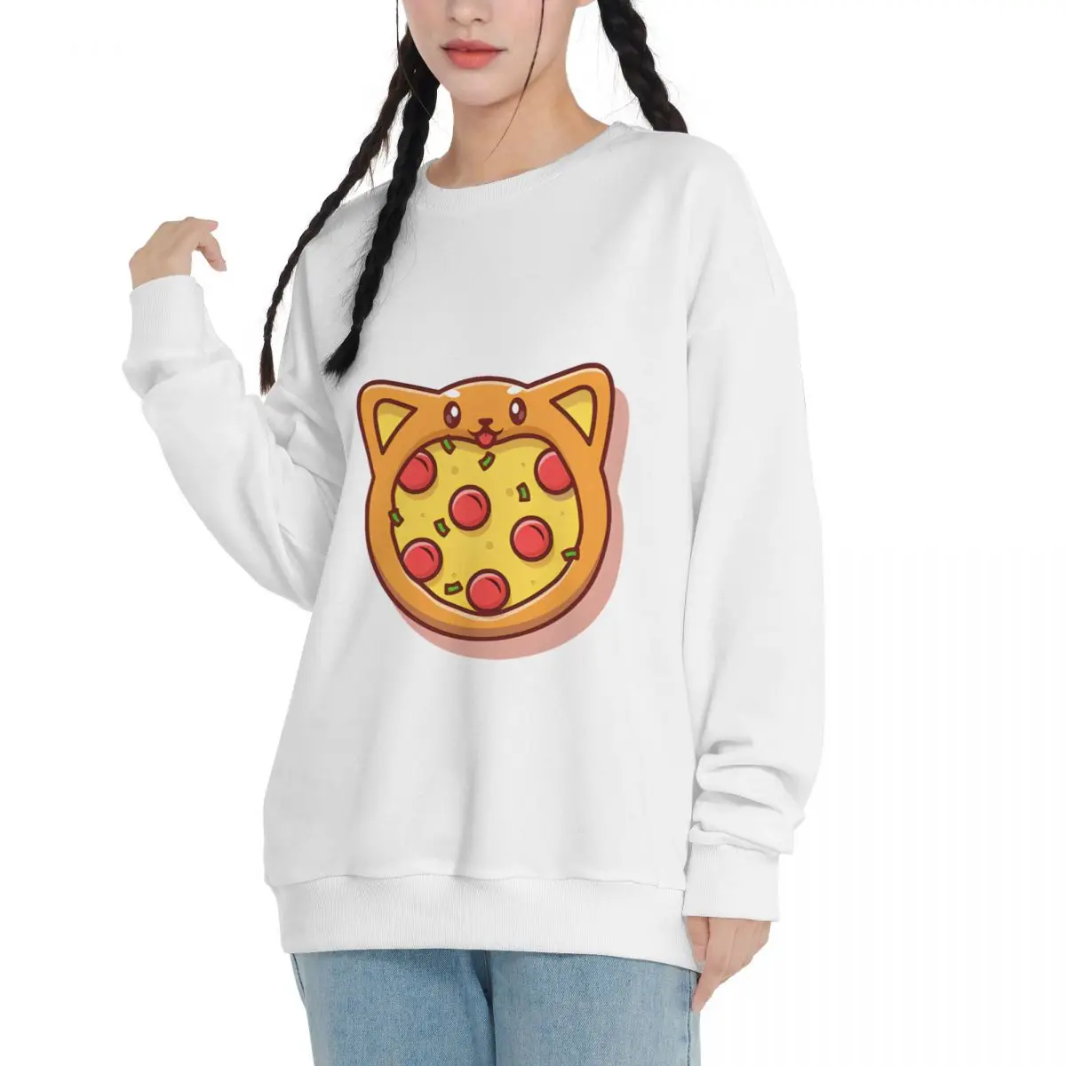 Cute Pizza And Animal Falling shoulder pure cotton round neck adult sweatshirts new casual loose fit top