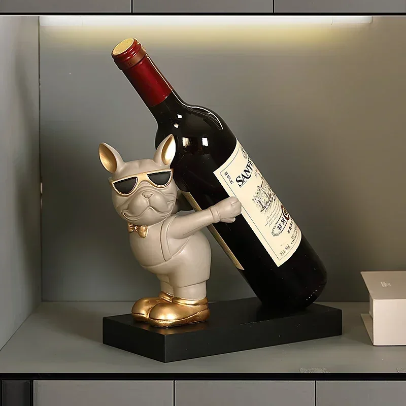 Dog Figurines Red Wine Rack Home Interior Decoration Accessories French Bulldog Statue House Living Room Decor Table Ornaments