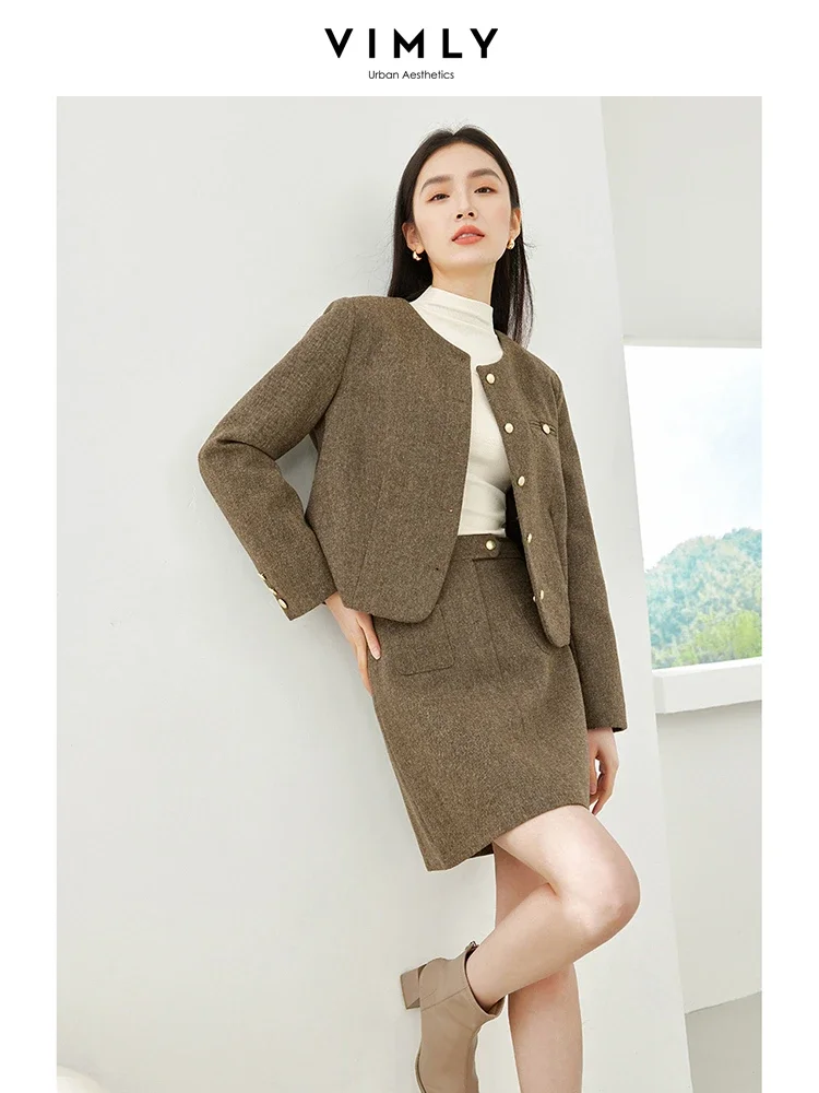 

Vimly Wool Blend Jacket Skirt Two Piece Set Women 2023 Winter Elegant Outfits New In Matching Sets Cropped Jackets Mini Skirt