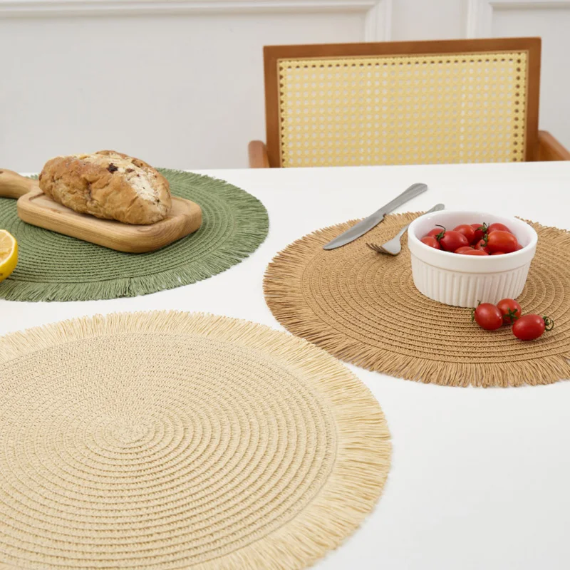 Round Jute Placemat Linen Paper Woven Fringe Table Mat Coffee Tea Pad Environmental Protection Heat Insulation Mat Home Decor