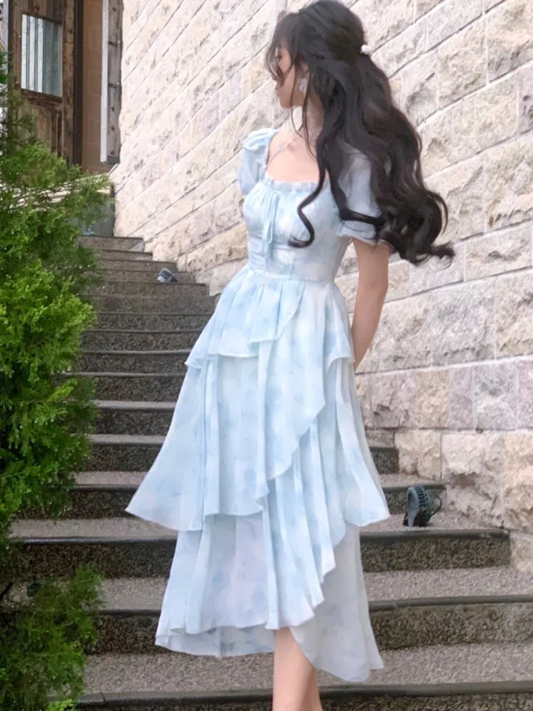 

Women Summer French Floral Print Ruffles Dress Elegant Slim Fit Waisted A Line Midi Dresses Female Birthday Party Clothes New