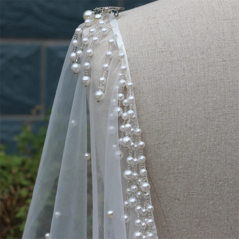 Pearls Tassels Bridal Wedding Draped Shoulder Veils For Brides Cathedral Long Beaded Starry Ivory White Cloak Accessories 2 3 4m