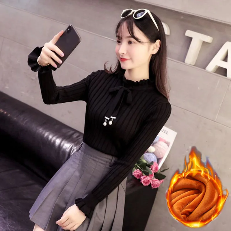 Butterfly knot new velvet knit sweater autumn and winter Korean version long sleeved slim fit pullover sweater