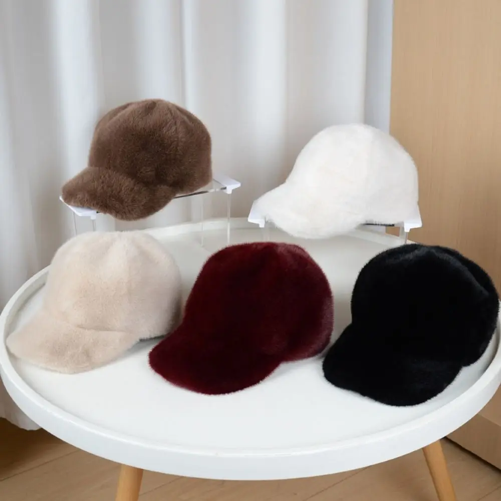 

Casual Solid Color Fluffy Baseball Hat Warm Thickened Faux Fur Duckbill Hat Soft All Match Warm Hat Autumn
