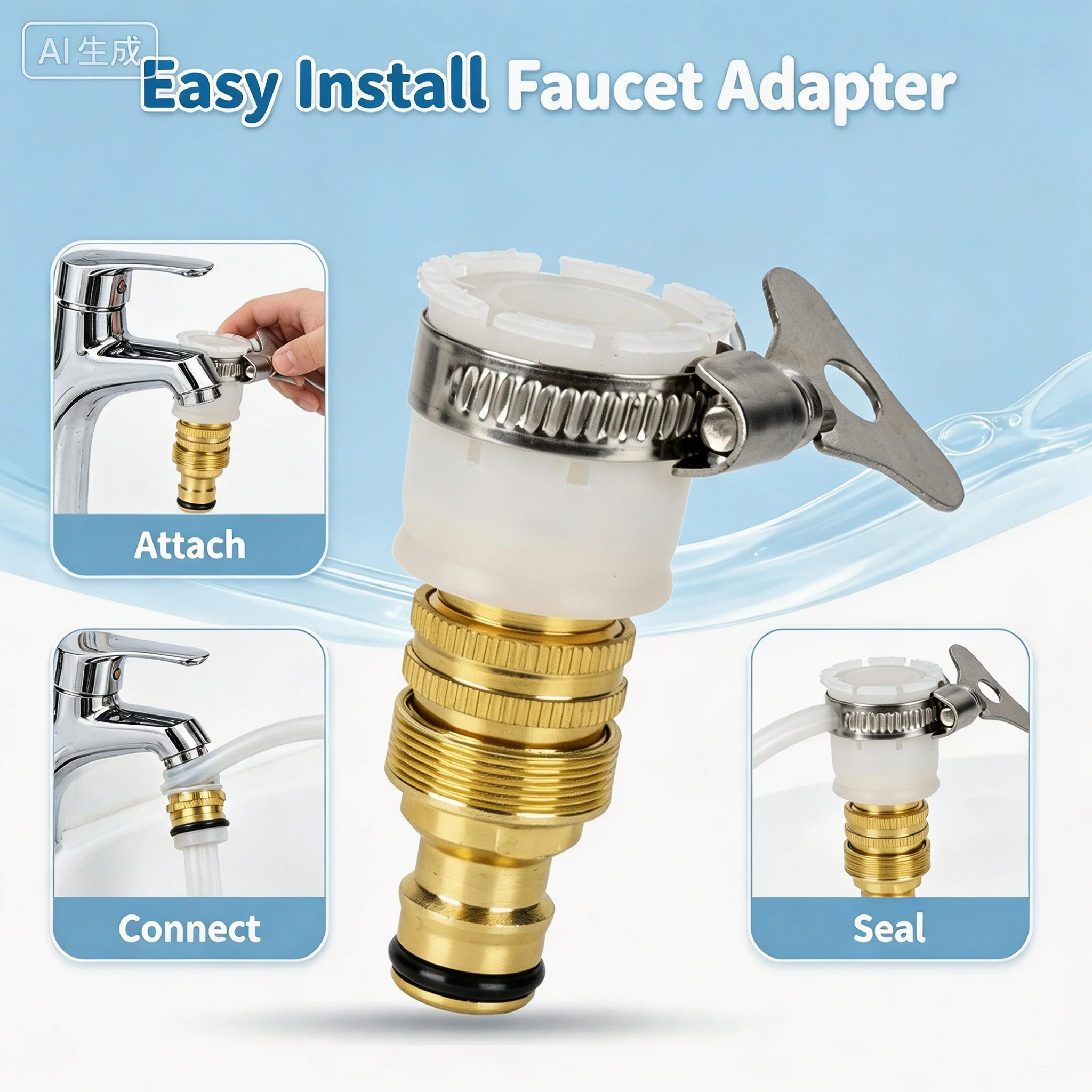 Brass Hose Tap Connector 15‑20mm 3‑In‑1 Multi-Purpose Mixer Tap Adapter, Garden Water Pipe Fitting Kitchen Faucet Adaptor