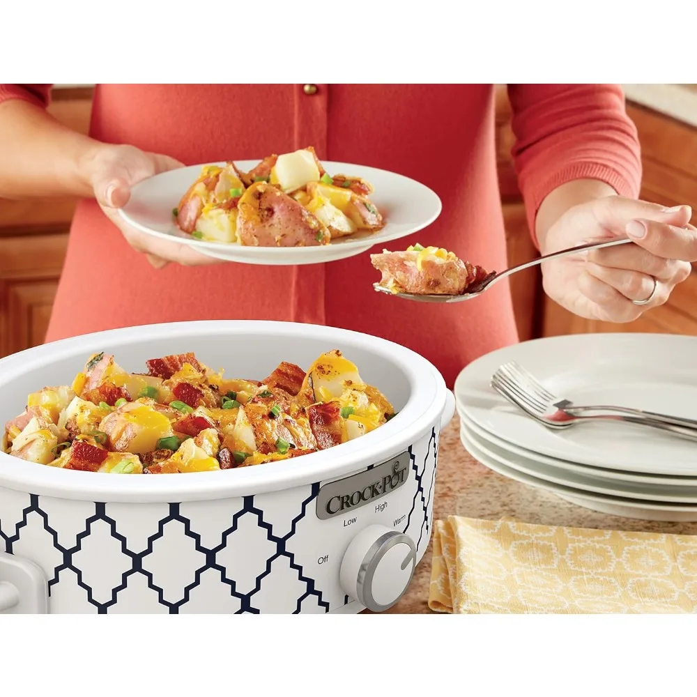 Small 2.5 Quart Casserole Slow Cooker in White/Blue, Enjoy Eye-Catching Quick Meals, Durable and Compact