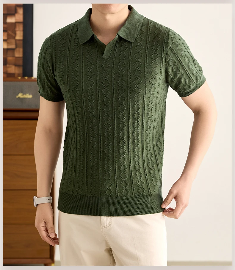 Luxuriöses, gestricktes 100% Baumwoll-Poloshirt für Herren, kurzärmelig, neu, Jacquard, weich, atmungsaktiv, modisch, hochwertig, einfarbig, lässiges T-Shirt. – Detail 7