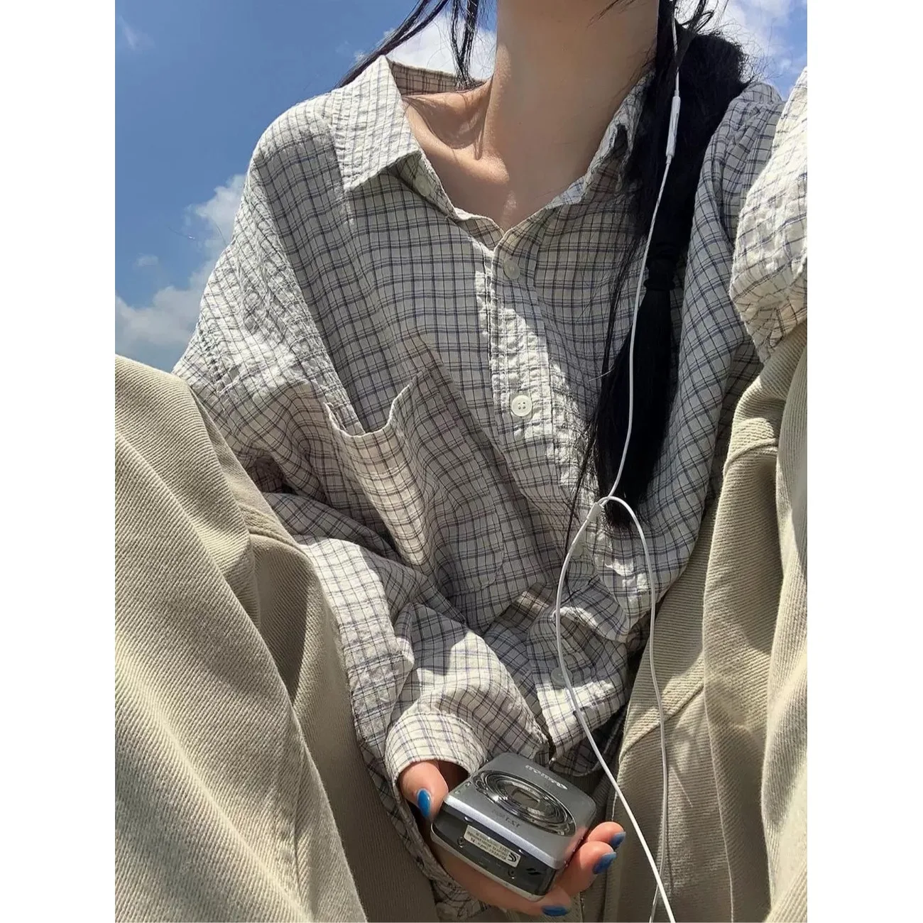 Women's Loose Long Sleeve Shirt Gingham Texture Wrinkle Sensation Lazy Outerwear Casual Fashion Summer Polyester Fiber