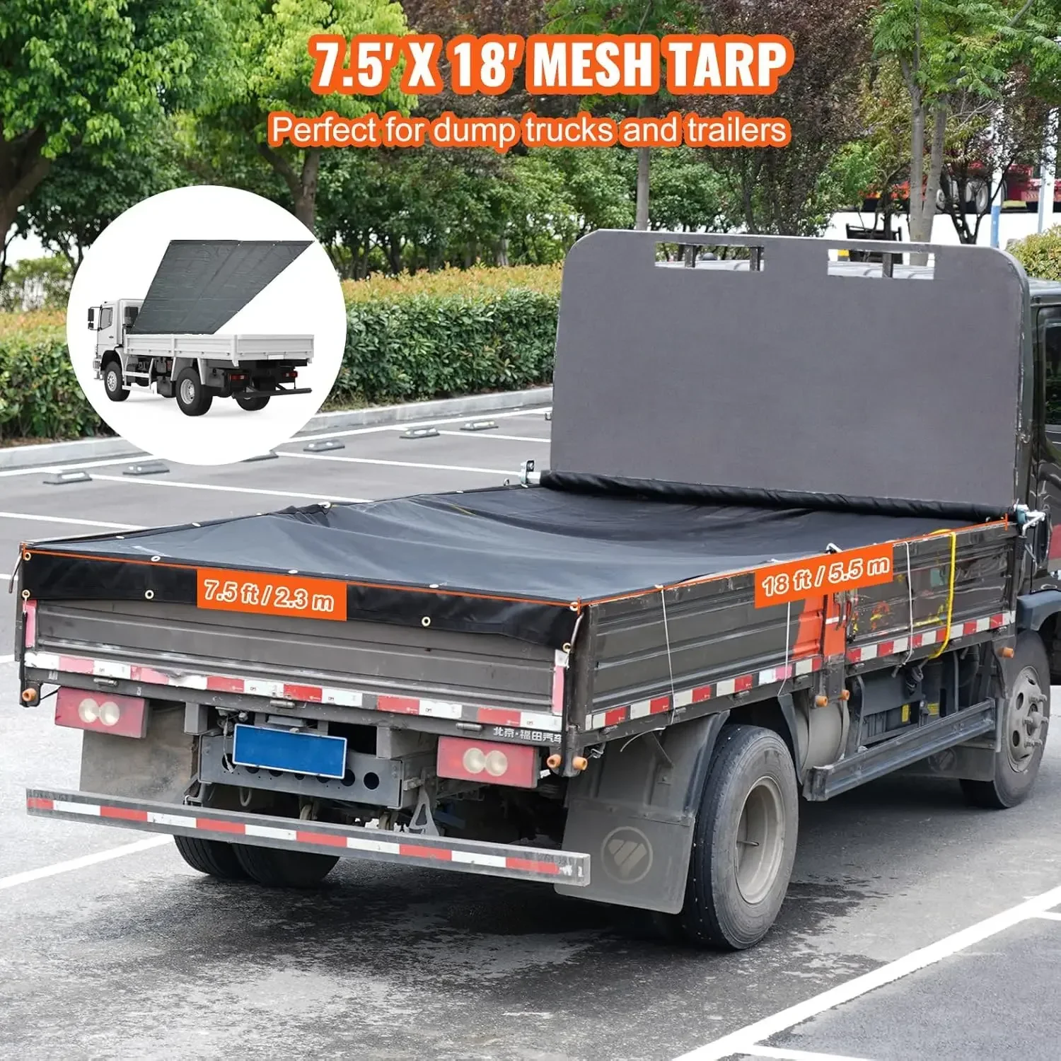 Dump Truck Mesh Tarp, 7,5x18 ft, PVC-gecoate zwarte heavy-duty hoes met 5,5" 18oz dubbele zak