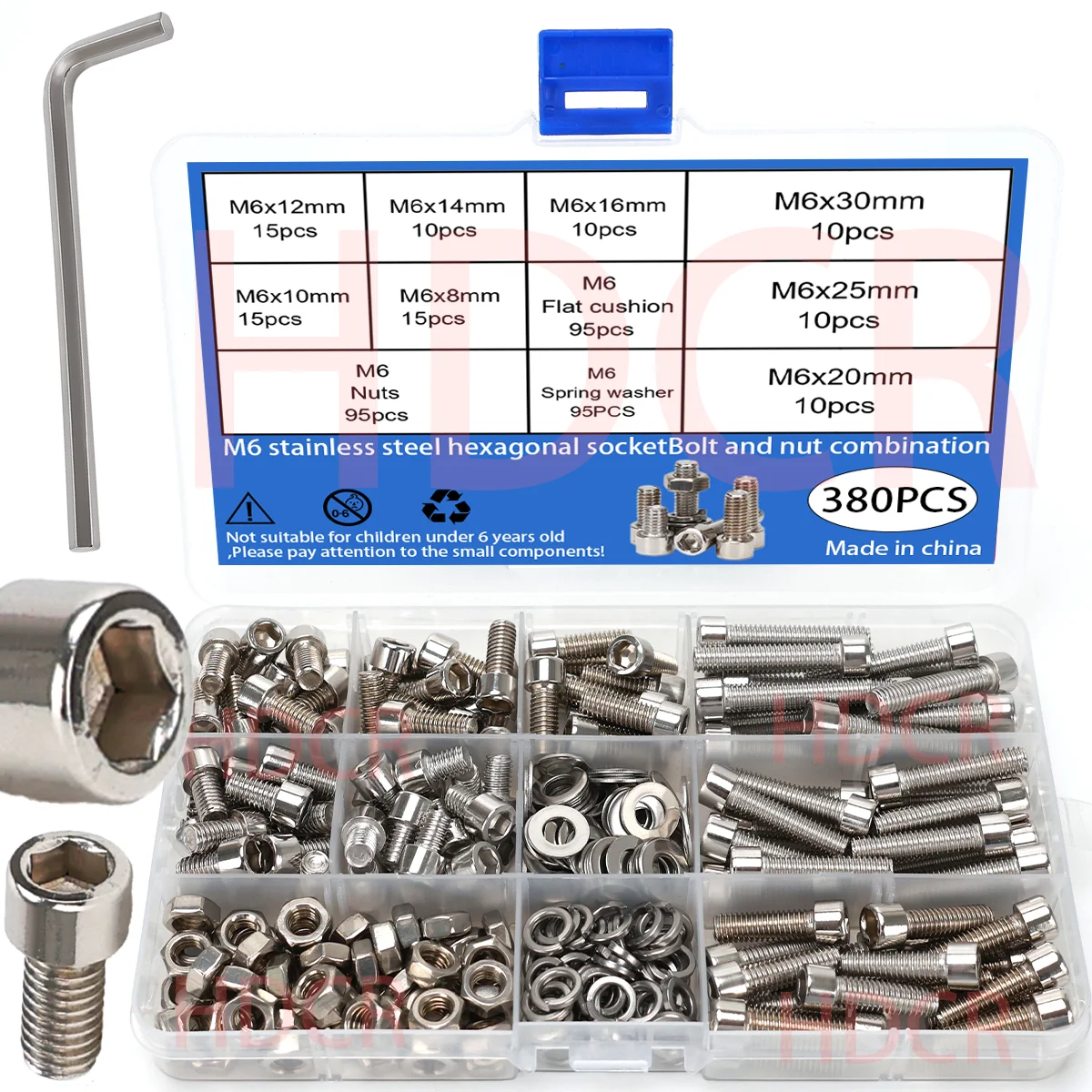600 stuks RVS zeskantboutjes en -moeren set - M3, M4, M5, M6 kopmoeren met zeskant - Inclusief vlakke ringen - afbeelding 1