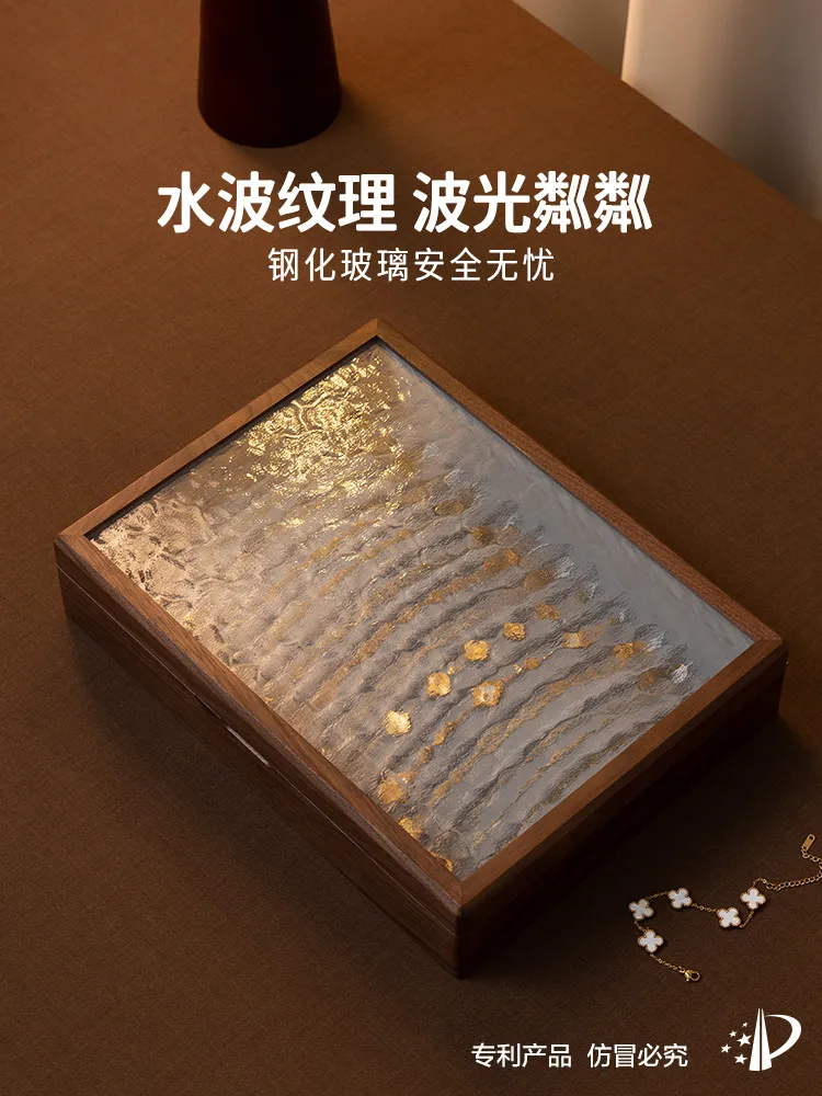 Fanhan Solid Wood Necklace Storage Box Water Ripple Glass Jewelry Organizer Large Capacity Anklet Bracelet Box
