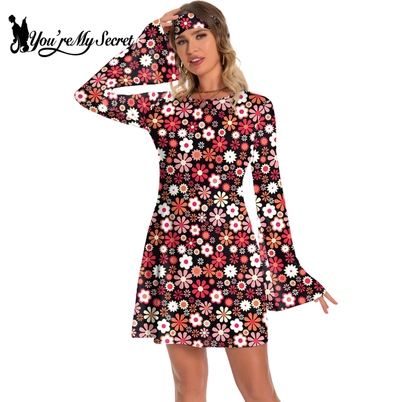[You\'re My Secret] 60s 70s Women\'s Bohemian Style Disco Floral Printed Outfit Dresses Holiday Hippie Costume Clothes Vestidos