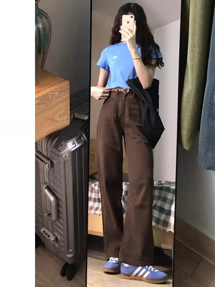 ارتفاع الخصر واسعة الساق الجينز المرأة اللون البني الخريف جديد Sle فضفاض مستقيم الطابق طول السراويل تخفيف خمر Waed