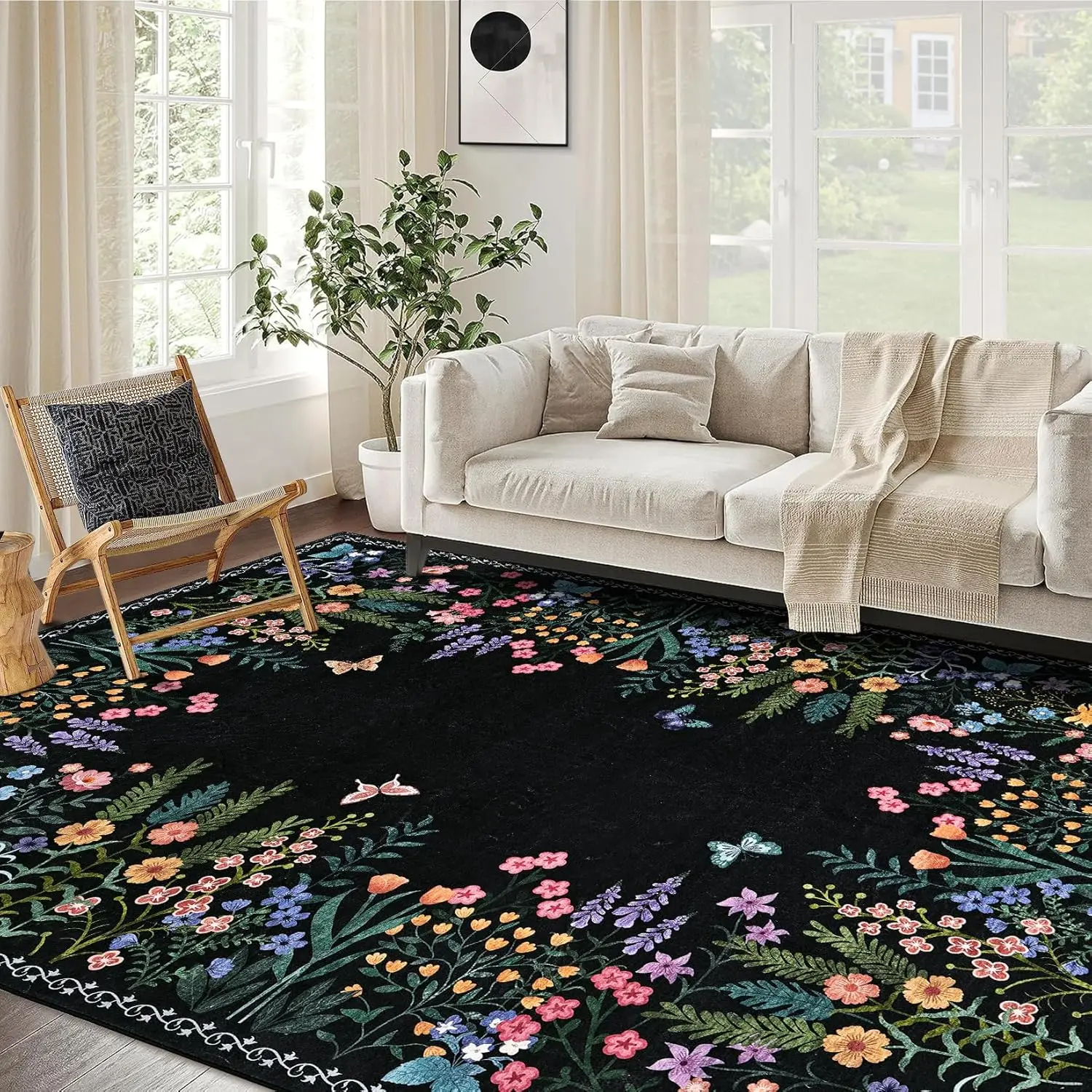 Boho Washable Rug for Entryway Floral Living Room Rugs, Non Slip Soft Bedroom Rug Floor Carpet for Dining Room Laundry Foyer