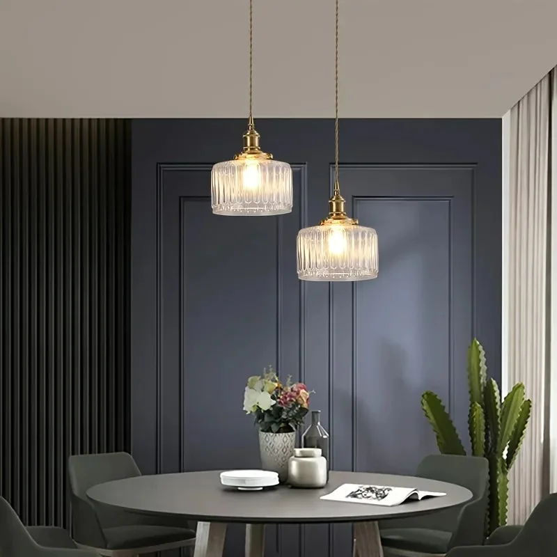 Vintage Ribbed Glass Pendant Light E27 Hanging Lamp 150cm Adjustable Cord For Kitchen Island Dining Room Bar Home Decor Lighting