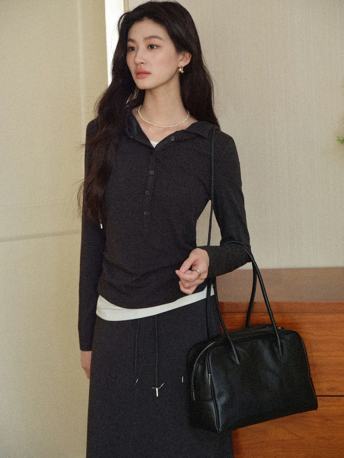 

Carbon Ink Ding Women's Long Sve T-irt Waist-Cinched Slim Fit ey Top Fake Two-Piece Sle Casual Autumn Faion