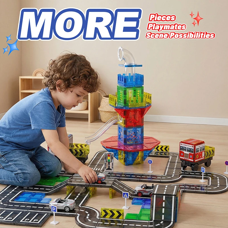 مجموعة 150 قطعة من البلاط المغناطيسي مع مسار الرخام، ألعاب تعليمية مغناطيسية للأطفال في مرحلة ما قبل المدرسة، هدية تعليمية في مجالات العلوم والتكنولوجيا والهندسة والرياضيات