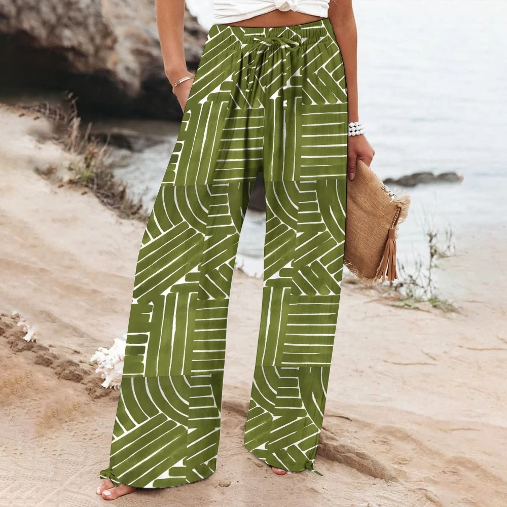 

Green White Geometric Print Drawstring Pants Flowy Wide-Leg Trousers Boho Pants Tropical-Inspired Vacation Wear Casual Outfit