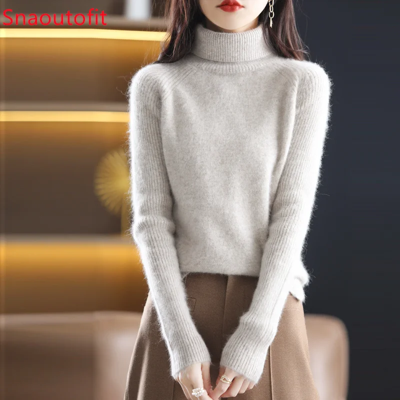 Autumn and Winter New 100% Mink Cashmere Sweater Women\'s High Lapel Slit Knitted Pullover Large Size Loose Basics Thick Warm Top