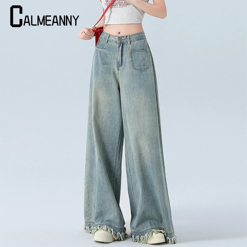 Women Jeans 2023 Autumn Versatile Y2k Denim Trousers Washed Retro Vintage Mopping Fashion Pocket Wide Leg Pants Leisure Street