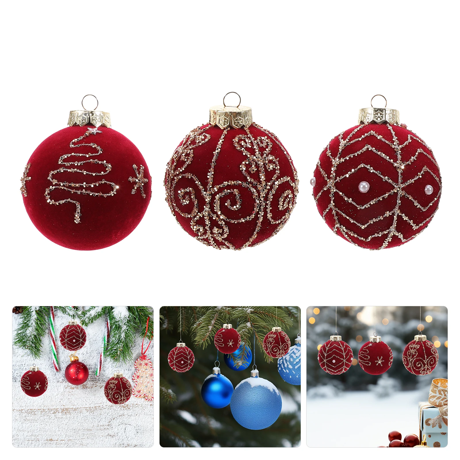 

3pcs 8Cm Flocked Christmas Balls Wine Red Shatterproof Xmas Hanging Ornaments Holiday Party Decor Plastic Sphere Baubles Tree