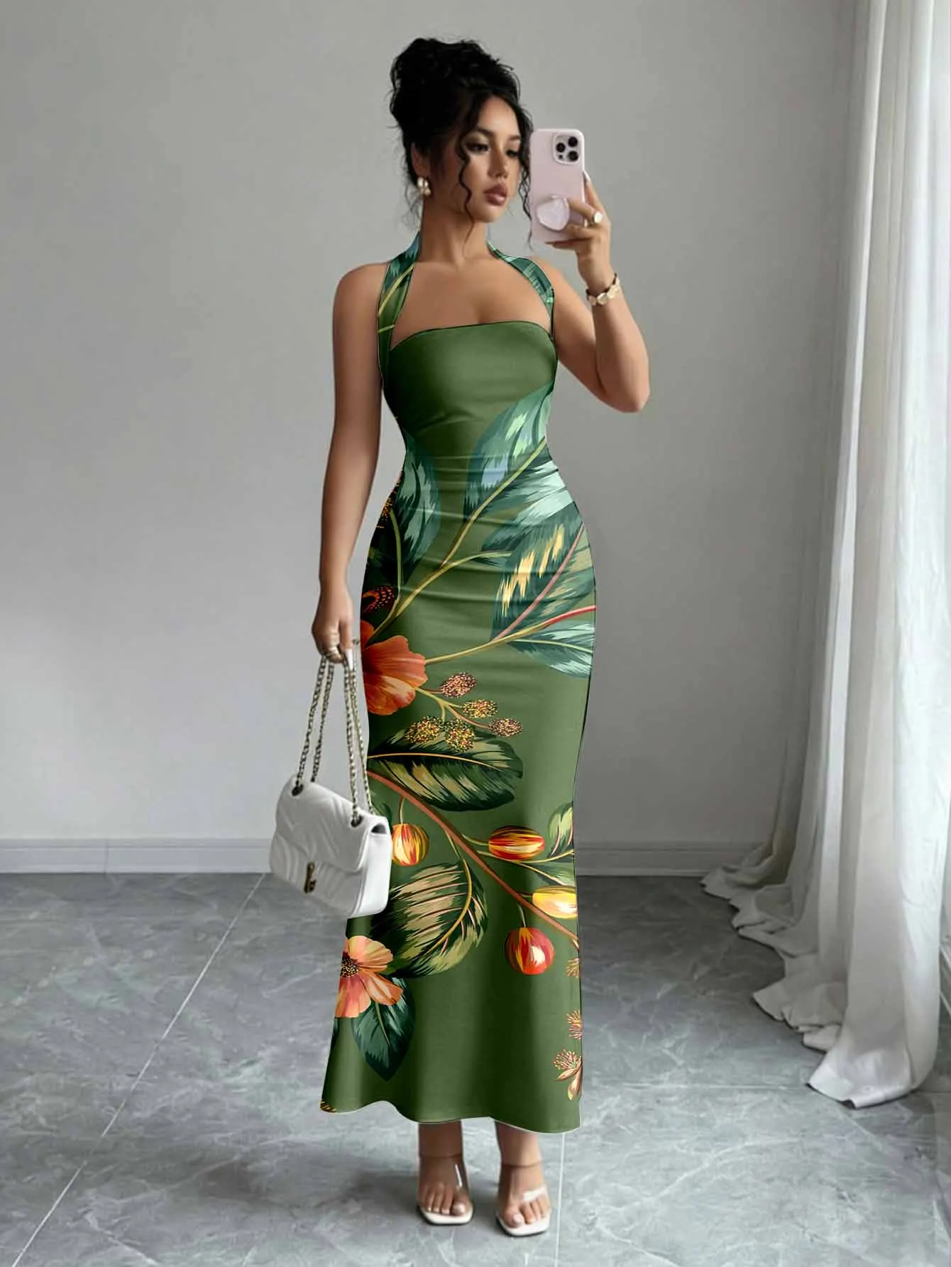 Sleeveless slim fit hip hugging long skirt with neck hanging design for dinner party temperament dress