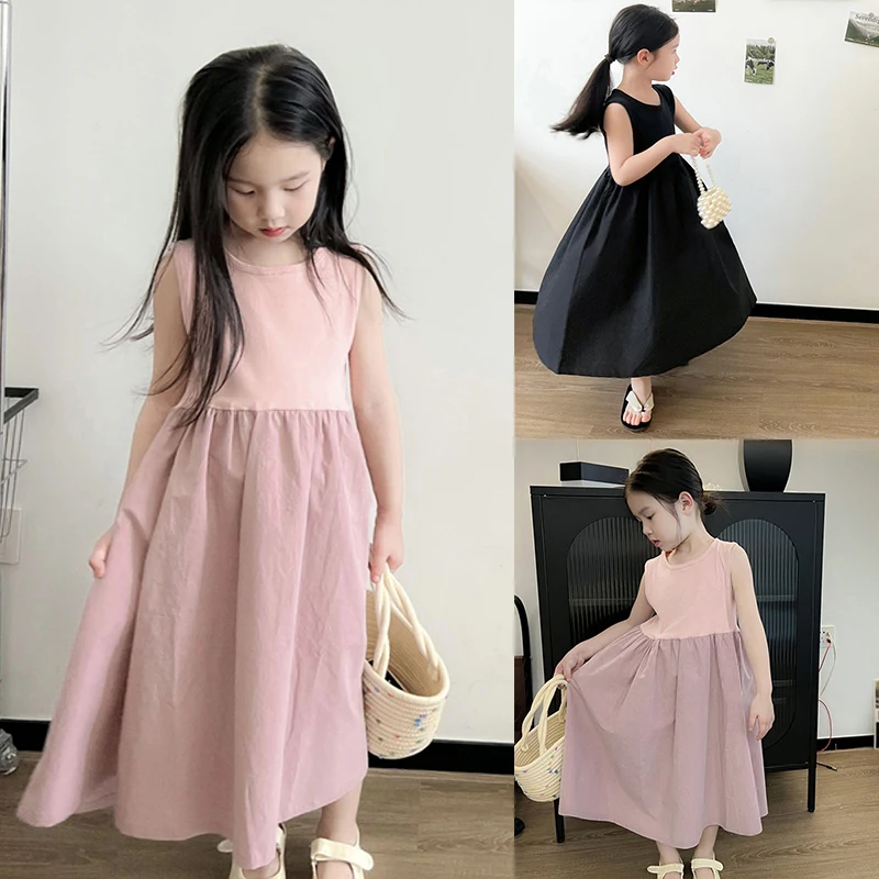 Summer Baby Girls Dress Solid Color Sleveeless Fluffy Dress Children Princess Dresses Short Sleeve Kids Girls Clothes 3-8 Years