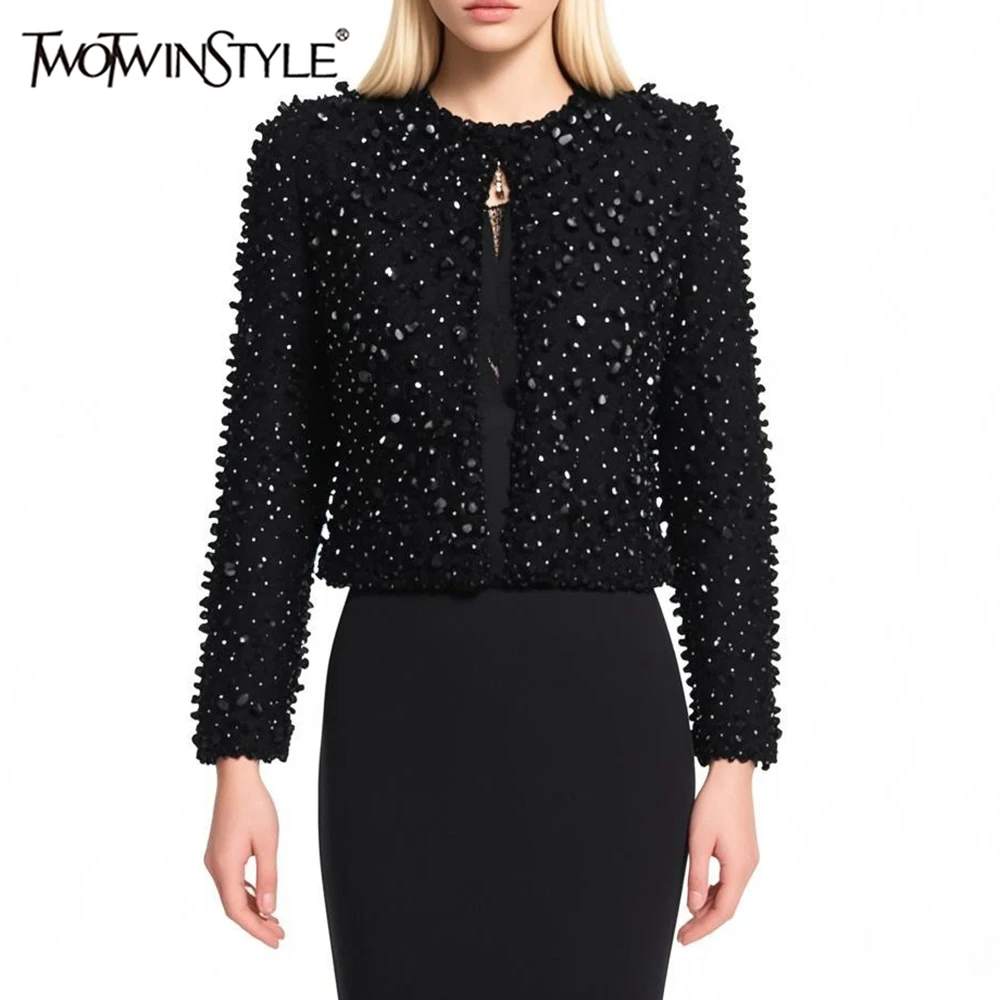 

TWOTWINSTYLE однотонное утягивающее уличное пальто для женщин с круглым вырезом и длинными рукавами в стиле пэчворк, модные куртки с бусинами, женская одежда