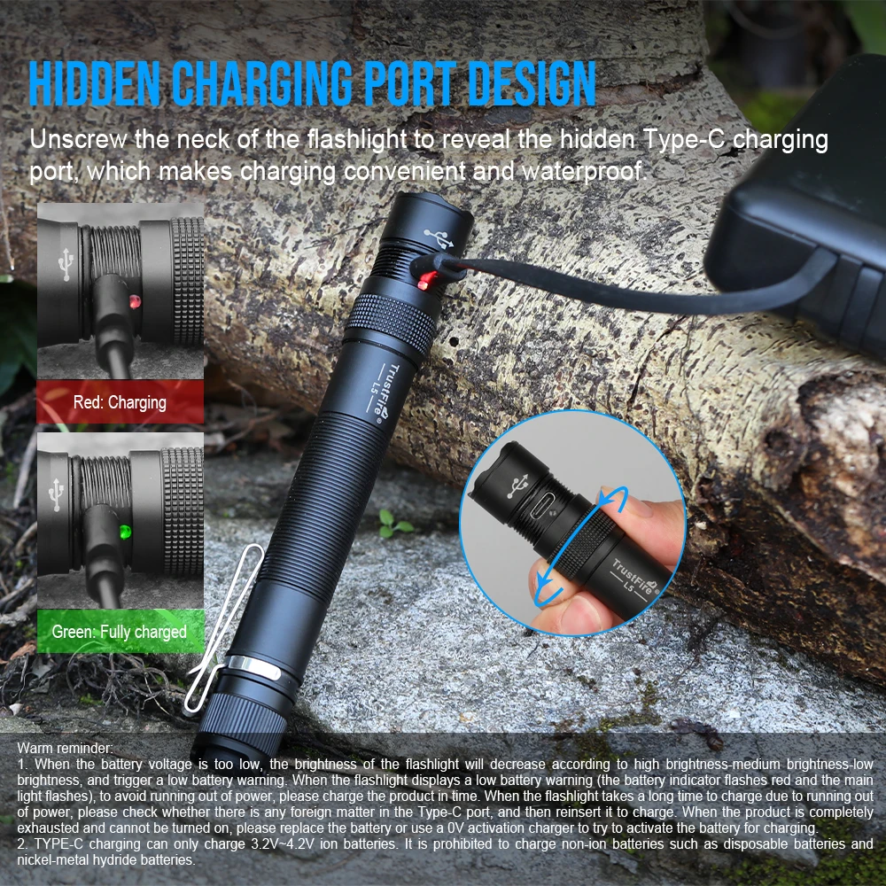 Trustfire L5 EDC Flashlight Tactical 1000LM Mini LED Light USB Portable Rechargeable Torch with Back Clip For Camping Emergency