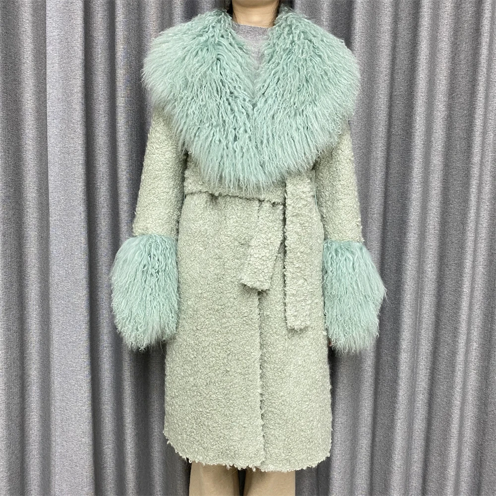 

Luxyonuo Wool Coat Real Mongolian Sheep Fur Collar Women Elegance Long Coats with Belt 2024 Autumn New Woolen Trench Coat Female