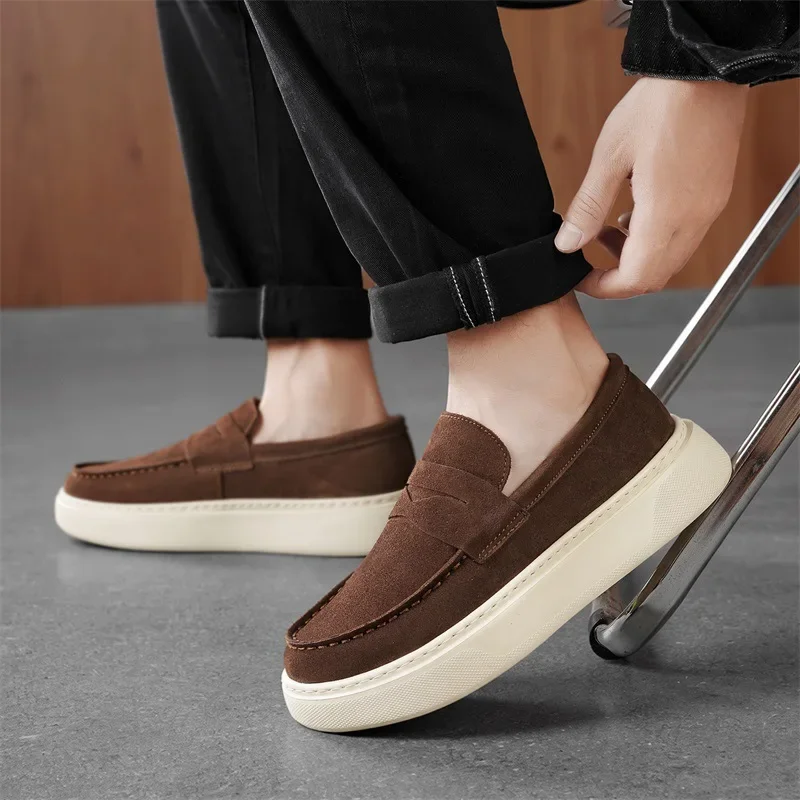 New Men Genuine Leather Casual Shoes Fashion Designer Flat Platform Shoes Slip-on Loafers