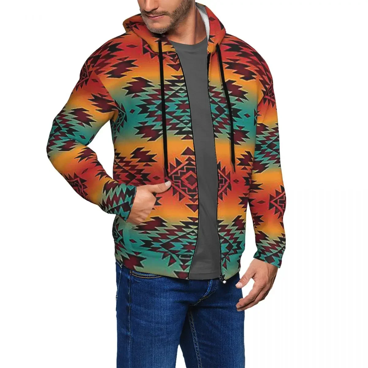 Native Southwest Navajo Mexican Ethnic Aztec Geometric Print Zipper Hoodie Pullover Autumn Winter   Sweatshirts Long Sleeve Tops
