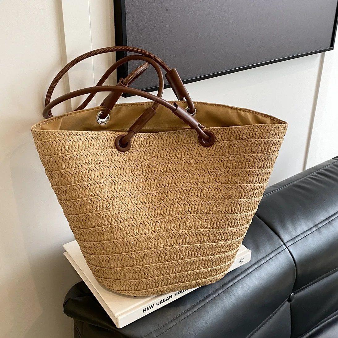 Casual Large Capacity Straw Basket Bag Handmade Women Shoulder Bags Weave Summer Beach Bandbags Big Tote Bali Shopper Purses