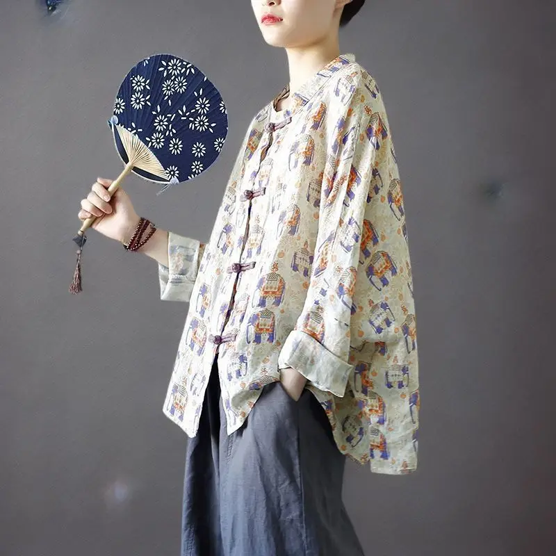 

Chinese Style Women's Shirt Women's Spring Autumn Buttoned Cardigan Coat Chinese Style Cotton Linen Top Sun Protection Summer