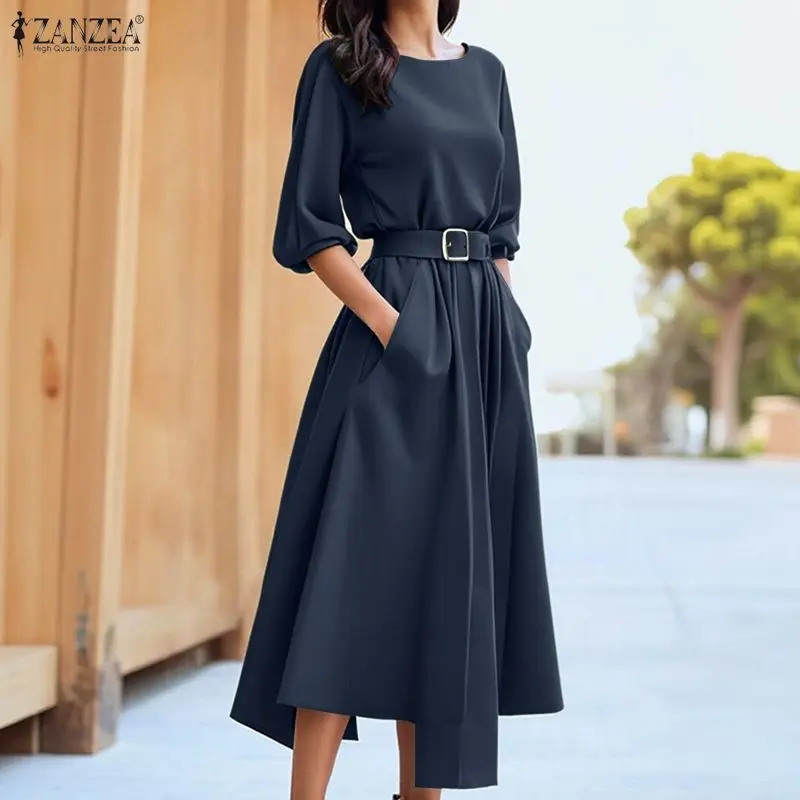 فستان ZANZEA للسيدات أنيق للحفلات ملابس الشارع الشهير 3/4 كم بحزام قميص طويل غير رسمي رداء ربيعي سادة موضة فستان الشمس OL #2