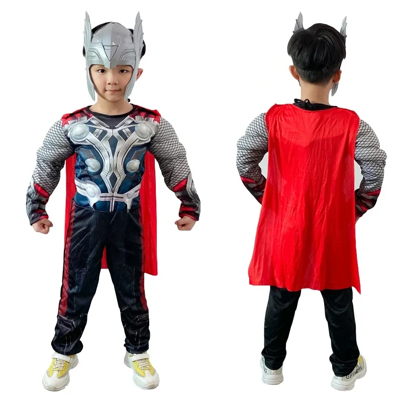 Halloween Carnival Clothes for Children Kids Thor Muscle Costume Superhero Thor Cosplay Muscle Costume Jumpsuit Mask Hammer