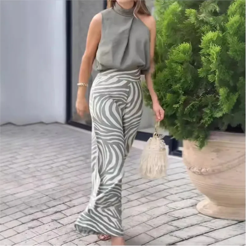 Frauen Zwei Stück Set Sommer Casual Neckholder Ärmellose Unregelmäßige Top Zebras Drucken Lose Mit Taschen Panst Sets