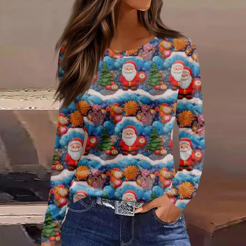 

Christmas Limited Edition Women's 3D Santa Claus Head Printed Round Neck Long Sleeve T-shirt Fashion Casual Long Sleeve Top