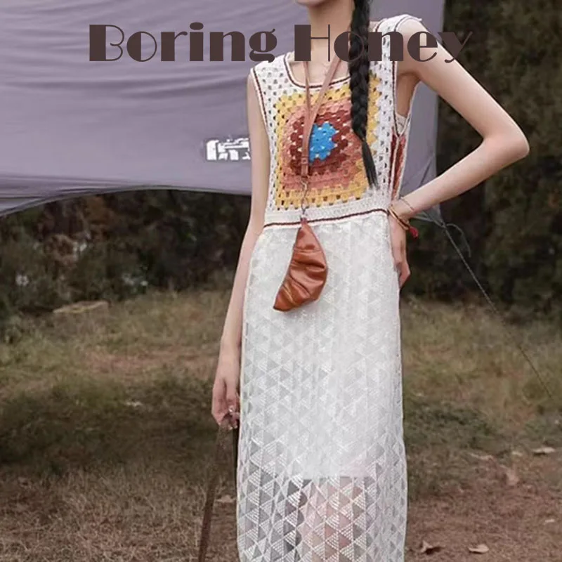

Boring Honey Spring Retro Square Neck Embroidered Patchwork Tank Dress Unique Stylish Lace-Up Design for Fashionable Women