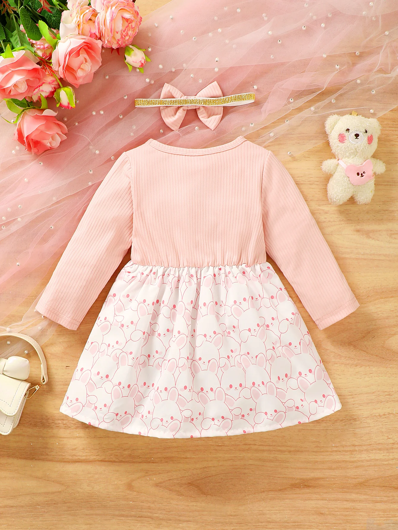 2Pcs Baby Girl Clothing Dress Set Autumn Cute Rabbit Print Bow Headband For 0-3 Years Toddler Princess Party Dresses  Outfit