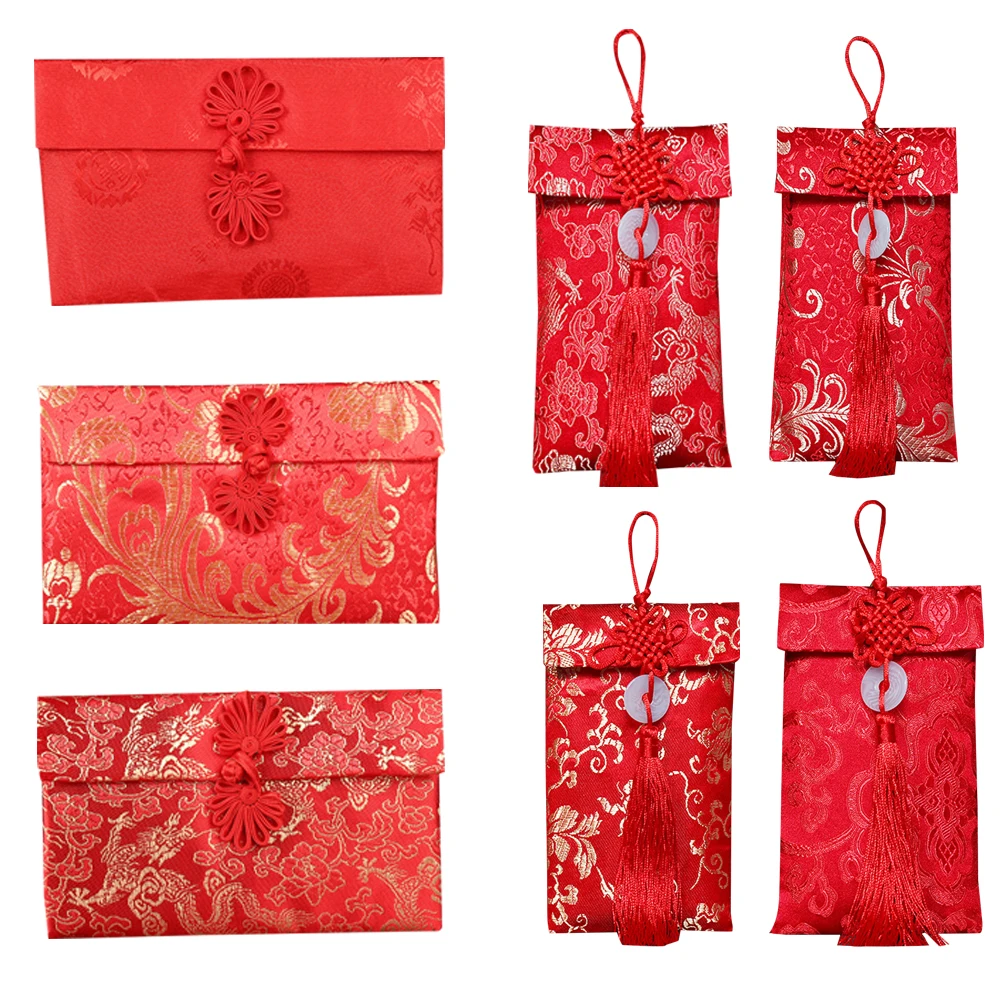 Silk Red Envelopes Chinese 2024 New Year Hongbao 2022 Lucky Pockets with Embroidery Tassel for New Year Spring Festival Birthday