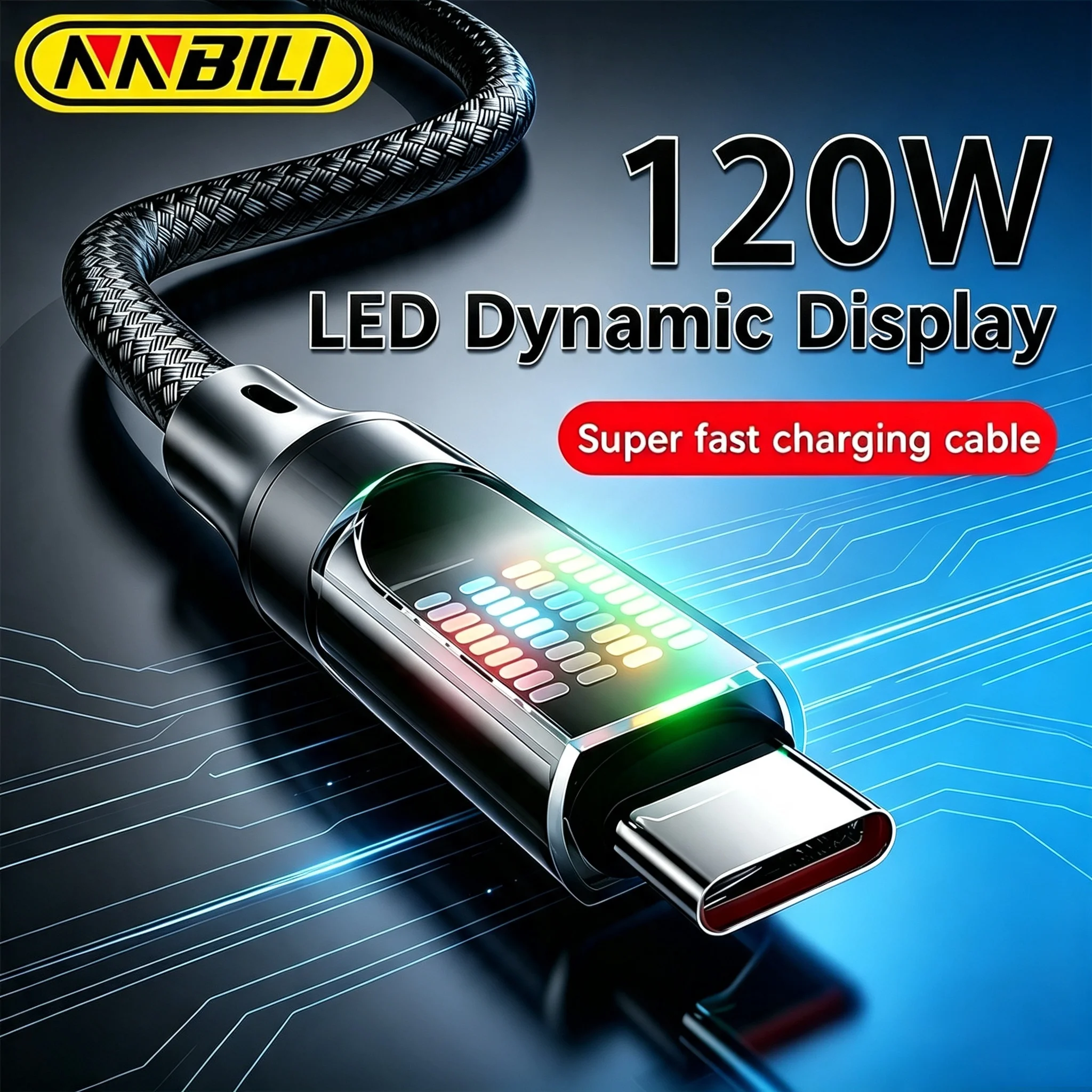 NNBILI 120W Typ-C Schnellladekabel 6A USB-A auf Typ-C Nylon-Datenkabel für Xiaomi Samsung Mit LED-Anzeige USB-C auf USB-C Kabel