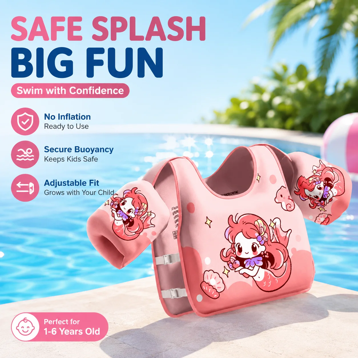 Swimming Arm Floaties for Kids, Toddler Swim Vest Buoyancy Pool Float Ring, Nylon & EPE Foam, No Inflation Needed, Adjustable
