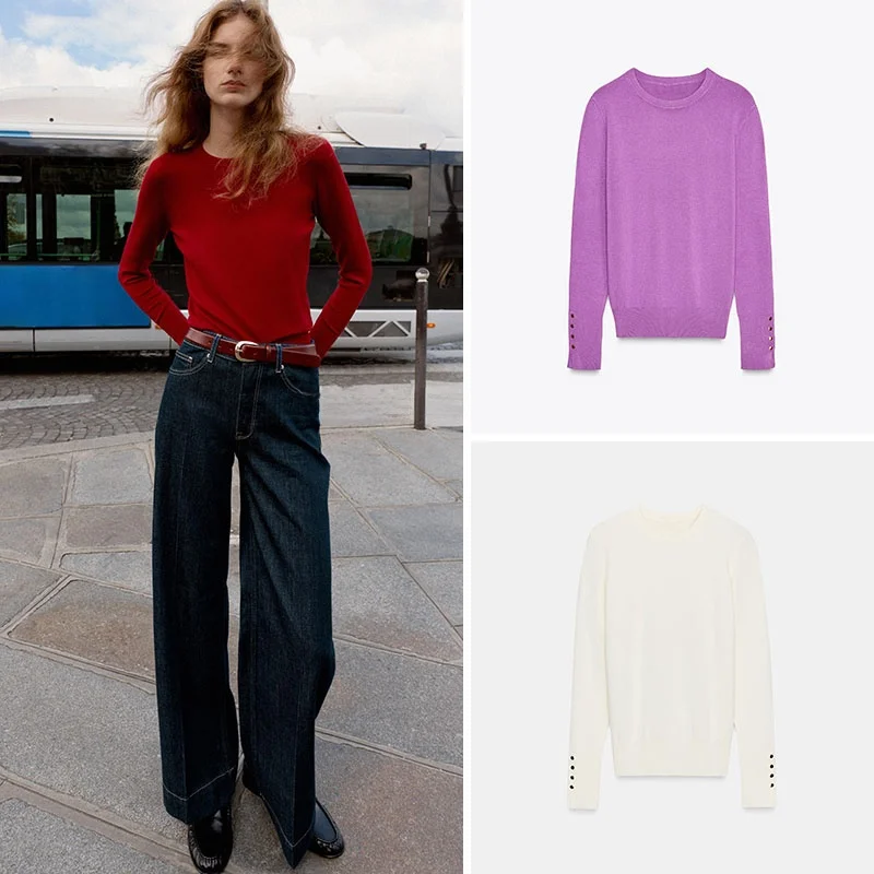 

Новое поступление, осенний женский вязаный свитер с плоской иглами, повседневный длинный свек, круглый, цельный, модный для подростков