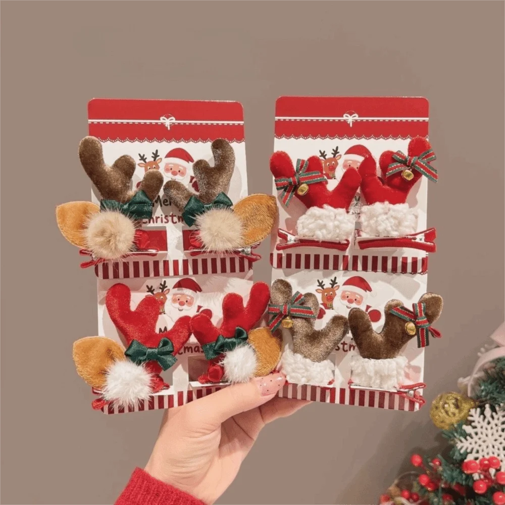 2pcs/set Cute Red Reindeer Antler Hair Clips Pom-pom with Bow Christmas Hair Accessory Elk Horn Cute Hair Clips Photo Props